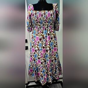 NWT Vineyard Vines Floral Smocked Puff Sleeve Midi Dress Sz XL